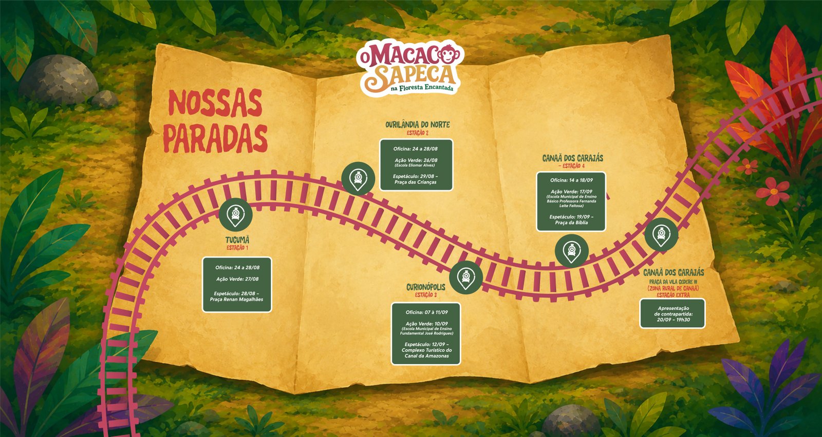 Mapa Nossas Paradas com as estações de Tucumã, Ourilândia, Curionópolis e Canaã dos Carajás, incluindo oficinas, Ação Verde e espetáculos
